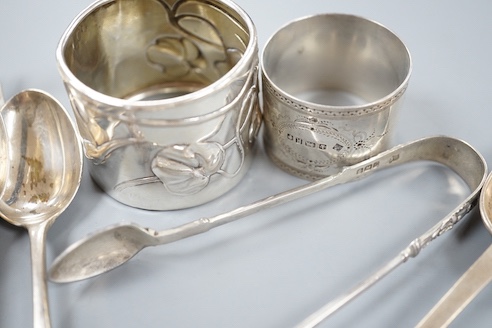 A silver napkin ring, a small quantity of assorted silver flatware and an 800 napkin ring, gross 12.5oz.